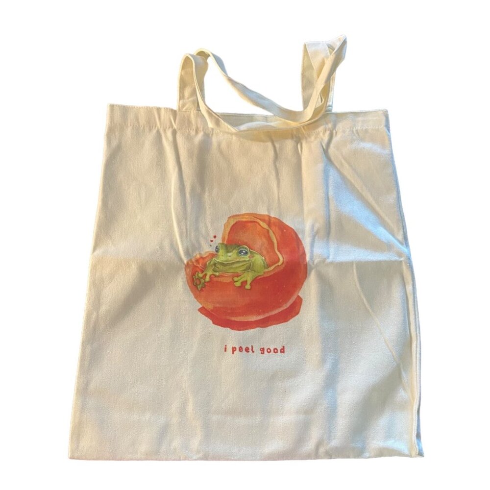 I Peel Good Pun Canvas Beach Grocery Tote Bag Frog inside Orange‎ NWOT Cotton